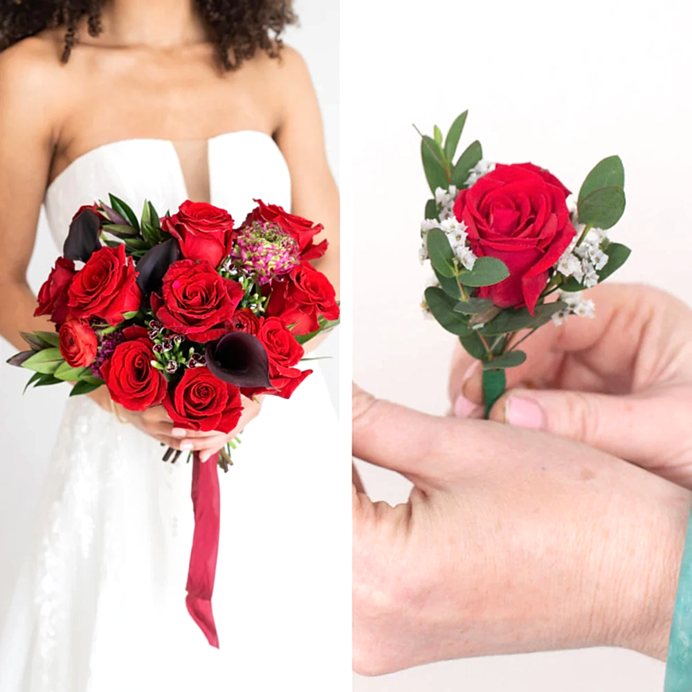 Red Elopement Wedding Florals Set: 1 Bridal Bouquet + 1 Boutonniere. Ready to go!
