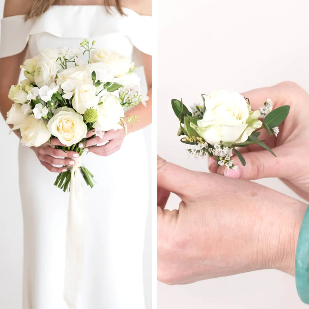 White Elopement Wedding Florals Set: 1 Bridal Bouquet + 1 Boutonniere. Ready to go!
