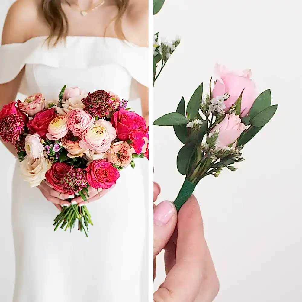 Pink Elopement Wedding Florals Set: 1 Bridal Bouquet + 1 Boutonniere. Ready to go!
