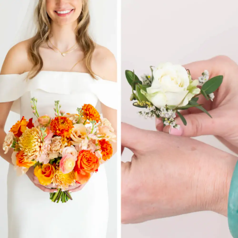 Orange Peach Elopement Wedding Florals Set: 1 Bridal Bouquet + 1 Boutonniere. Ready to go!
