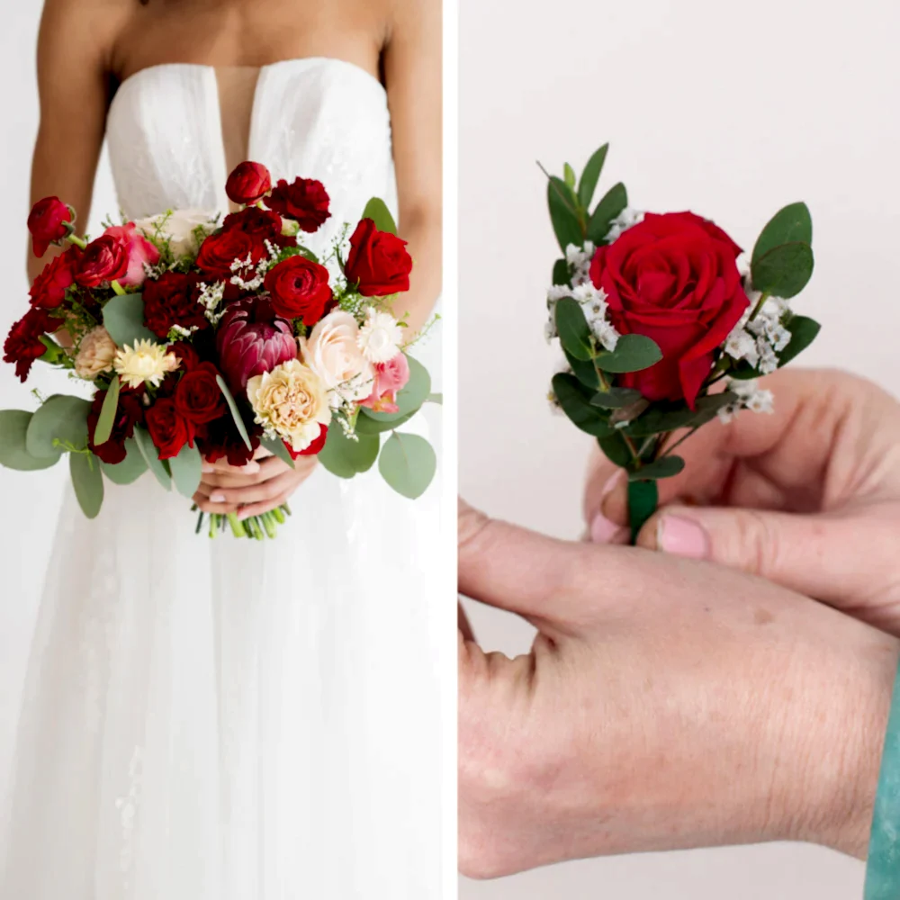 Burgundy and Cream Elopement Wedding Florals Set: 1 Bridal Bouquet + 1 Boutonniere. Ready to go!
